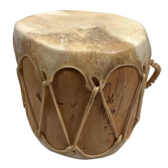 Vintage Native American Handmade Drum Wood Core Raw Animal Hide Pads & Stitching - Picture 3 of 9